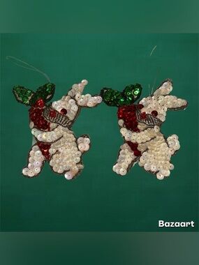 Festive Sequin Bunny Ornaments - White and Green